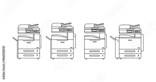 Lineup of four photocopiers in simple black and white outline
