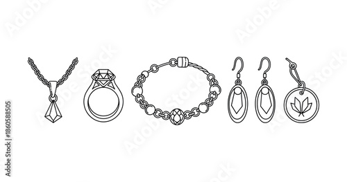 Elegant jewelry collection: necklace, ring, bracelet, earrings in black line art