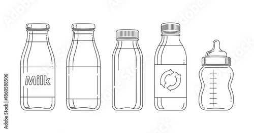Set of milk bottles and baby bottle outline on white background