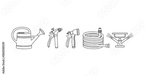 Garden tools line art: watering can, spray nozzles, hose, sprinkler