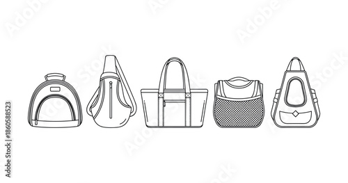 Collection of stylish bag designs in black and white outline