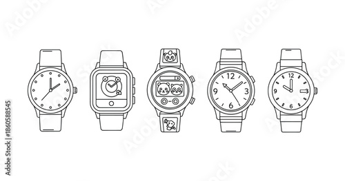 Illustration of various analog and smart watches with unique designs