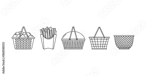 Outline icons of food baskets and french fries containers in a row