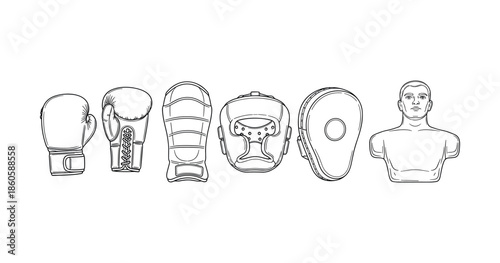 Boxing equipment set: gloves, pads, dummy, headgear line art