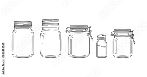 Line drawing of various glass jars and bottles with lids in a row