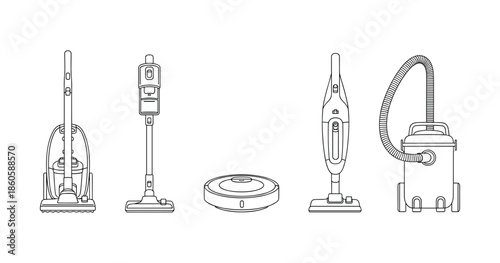Outline illustrations of various vacuum cleaner types in a row