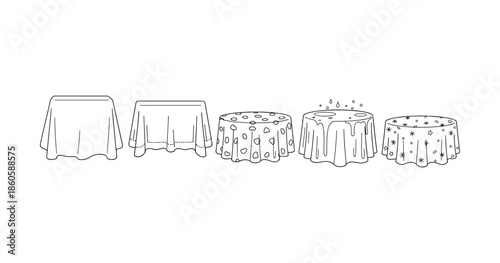 Set of diverse tablecloth designs with patterns and textures on white background