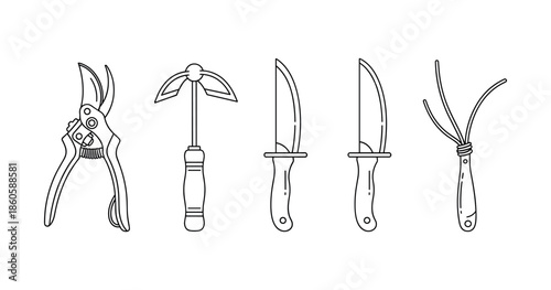 Hand tools outline: shears, hoe, knives, claw cultivator on white background