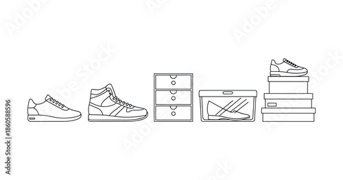 Shoe storage solutions: sneakers and boxes variety outline