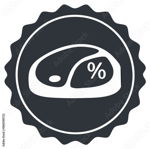 Meat cut percentage symbol design on a round badge, concept for food pricing