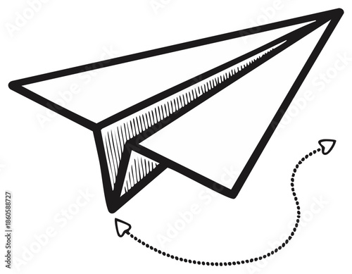 Simple hand-drawn paper airplane flying with a dotted trail indicating movement and direction