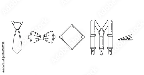 Illustrated men's accessories: tie, bow tie, pocket square, suspenders, clip