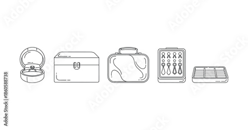 Outline icons of fishing gear: compass, tackle box, tool case, lures, organizer