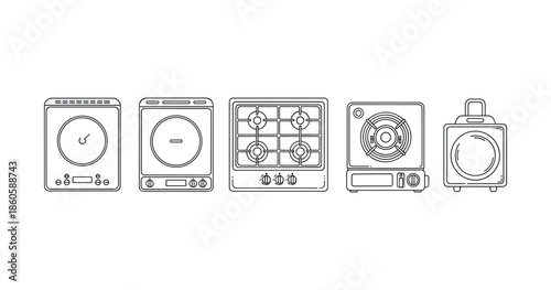 Line art of kitchen appliances: induction cooktop, stove, oven, and toaster