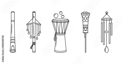 Line art of musical instruments and wind chimes in black and white