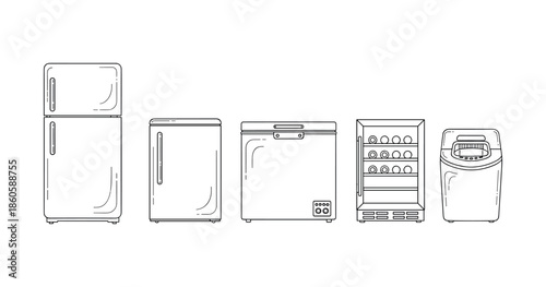 Collection of various home appliance illustrations: refrigerator, freezer, wine cooler, ice maker
