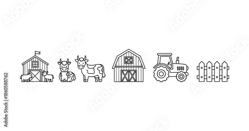 Cute farm icons collection featuring barn, animals, tractor, and fence in black and white