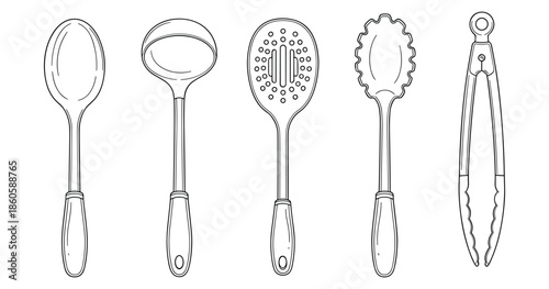 Line art of kitchen utensils: spoon, ladle, slotted spoon, pasta server, tongs