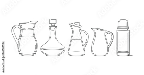 Line drawing of various kitchen pitchers and containers on white background