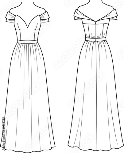 Elegant off shoulder long dress, gathered waist, evening gown style, fashion cad, front and back flat sketch, vector illustration