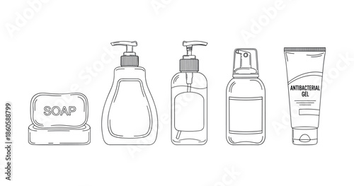 Vector line art of soap, lotion, and antibacterial gel containers