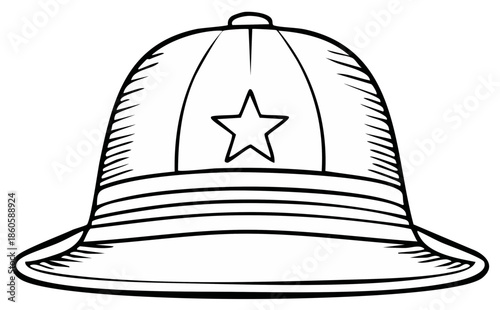 Line art illustration of a pith helmet with a star emblem and striped band