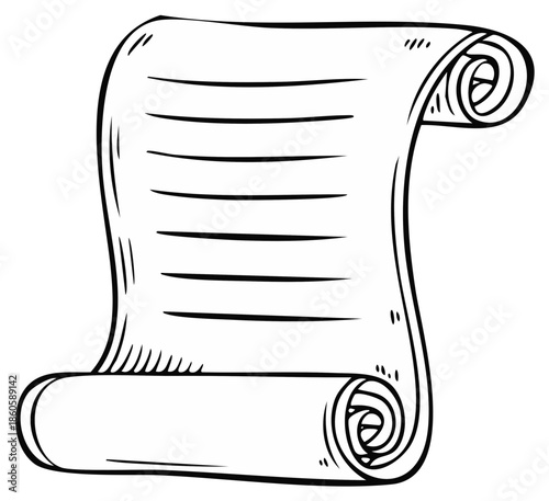 Hand Drawn Scroll Document with Text Lines Rolled Edges Isolated Outline Illustration