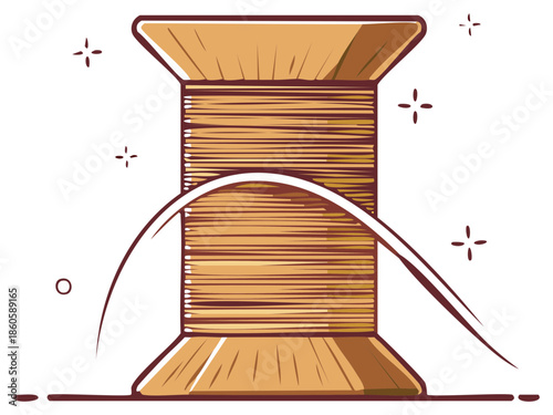 Vintage wooden thread spool with a long brown thread for sewing projects and crafts in a retro style