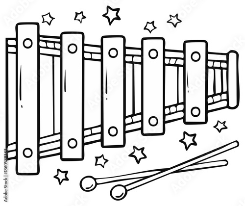 Black and white illustration of a xylophone with stars and mallets