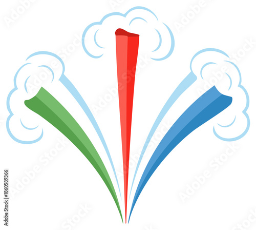 Abstract graphic design featuring three vibrant colorful upward lines ending in dynamic cloud bursts