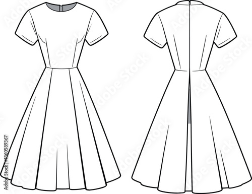 Elegant short sleeve fit and flare dress, flared hemline, minimal design, technical fashion sketch, cad drawing flat vector illustration