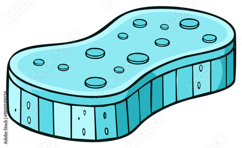 Cartoon illustration of a blue porous cleaning sponge for bath or kitchen