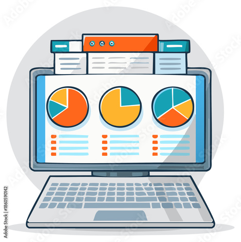 Laptop screen with business charts, data diagrams and graphs, statistics and analytics monitoring, reports and documents
