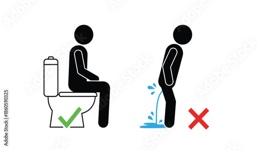 Proper toilet etiquette illustrated with stick figures sitting versus standing