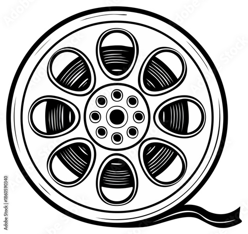 Vintage Film Reel Illustration with Filmstrip Detailed Black and White Depiction for Nostalgic Media
