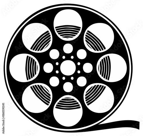 Classic 35mm film reel with film strip, black and white graphic illustration.