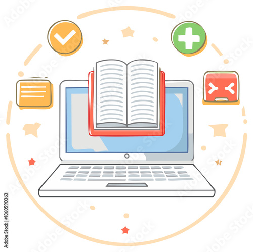 Online learning technology illustration with laptop, open book, and educational progress icons