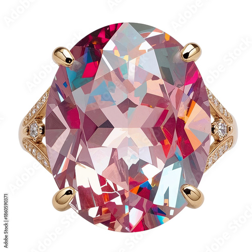 Large Pink Gemstone Ring With Gold Accents Displayed on White Background for ...