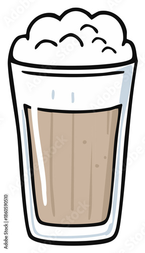 Hand drawn cartoon illustration of a foamy coffee latte or milkshake drink in a glass