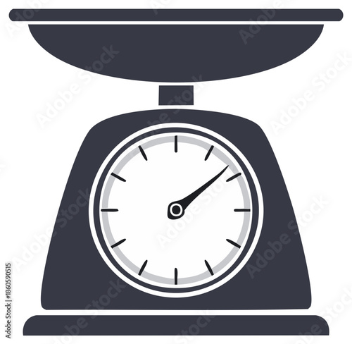 Classic Kitchen Scale Illustration: A simple vector graphic shows a traditional dark gray scale with an analog dial face and bowl.