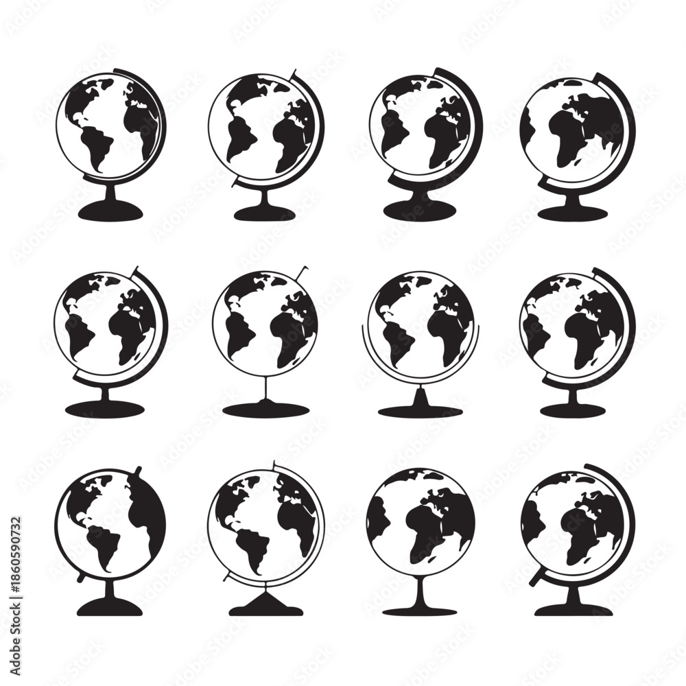 Obraz premium Collection of Twelve Globe Icons on Transparent Background Representing Cartography Earth Geography and Worldwide Travel Concept of Global Learning 180