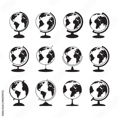 Collection of Twelve Globe Icons on Transparent Background Representing Cartography Earth Geography and Worldwide Travel Concept of Global Learning 180