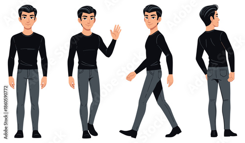 Smiling young caucasian male in various poses wearing black sweater and gray pants