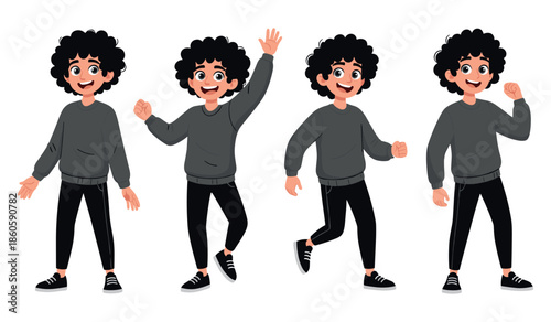 Animated young boy characters in dark attire displaying various cheerful poses