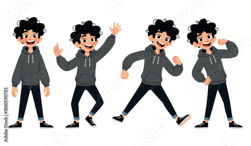 Young caucasian male cartoon character in hoodie with various expressive poses