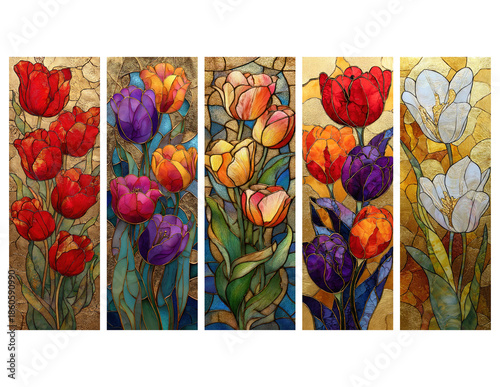 Stained Glass Tulip Bookmark Set with Colorful Floral Illustration