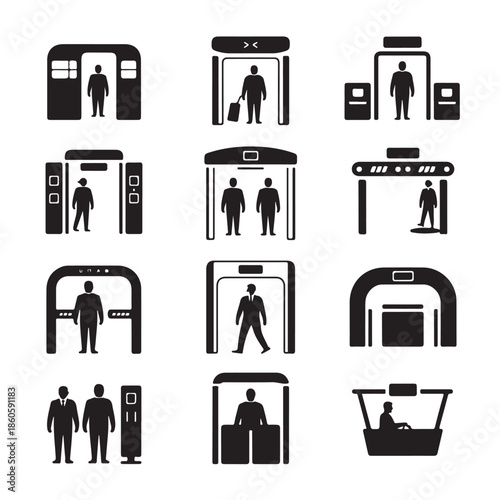 Security check at airport simple black vector icon set on transparent background safety control with metal detectors for travel
