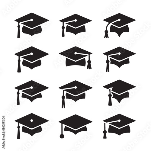 Set of Mortarboard, Graduation Hat Icon, Graduation Concept Vector Isolated on Transparent Background Illustration in Silhouette Style for Ceremony Decoration