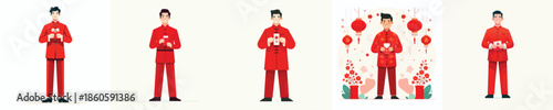 vector man standing holding red envelope at chinese new year celebration