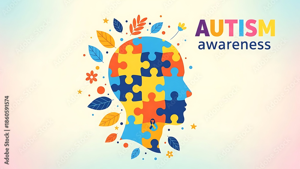 Obraz premium Autism Awareness Illustration with Puzzle Piece Head Profile